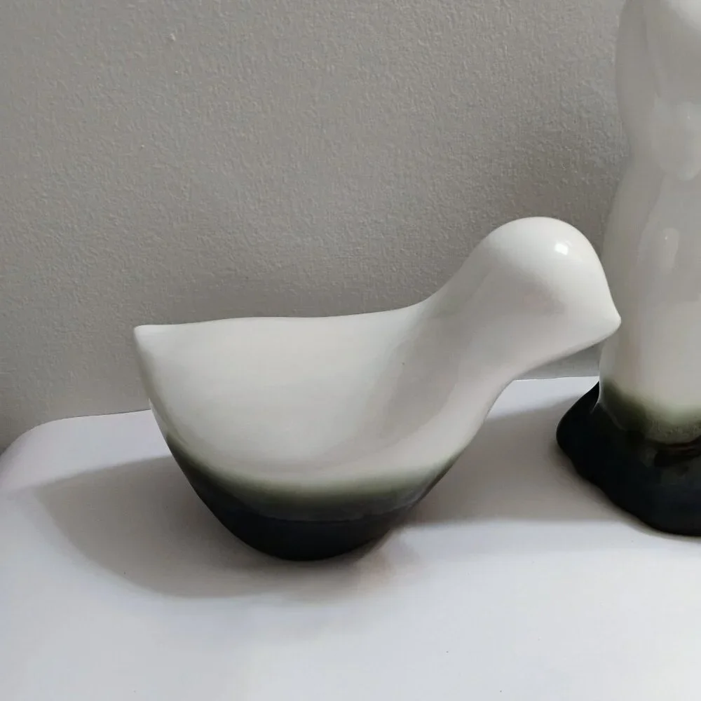 Pier 1 Green White Ceramic Bunny Bird Figurines Modern Sculpture Easter Spring